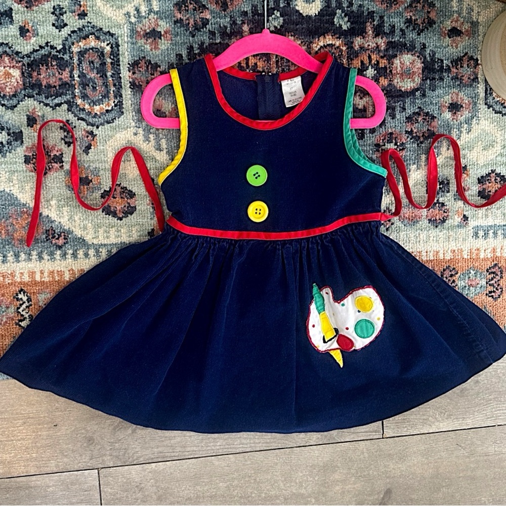 Vintage 80s Toddler Girl Back to School Dress Paint Palette Applique Corduroy